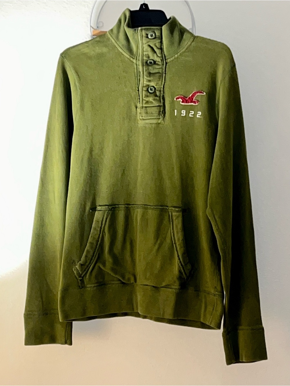 Hollister Olive Green Zip-Up Mock Neck Sweater with Red Logo